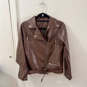 NWOT Lulu's Chocolate Brown Faux Leather Moto Jacket, size XS